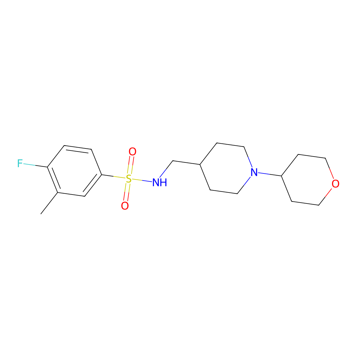 4-fluoro-3-methyl-N-((1-(tetrahydro-2H-pyran-4-yl)piperidin-4-yl)methyl)benzenesulfonamide molecular structure, CAS 2034590-52-6