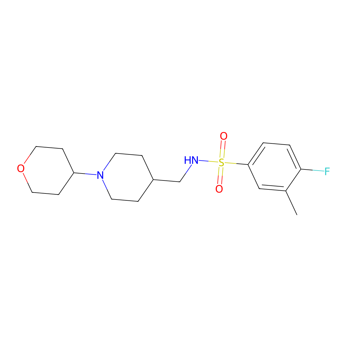 4-fluoro-3-methyl-N-((1-(tetrahydro-2H-pyran-4-yl)piperidin-4-yl)methyl)benzenesulfonamide molecular structure, CAS 2034590-52-6