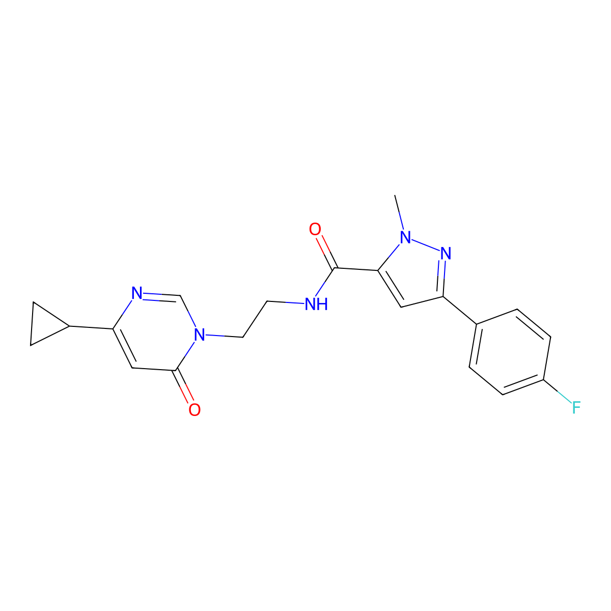 N-(2-(4-cyclopropyl-6-oxopyrimidin-1(6H)-yl)ethyl)-3-(4-fluorophenyl)-1-methyl-1H-pyrazole-5-carboxamide molecular structure, CAS 2034590-57-1