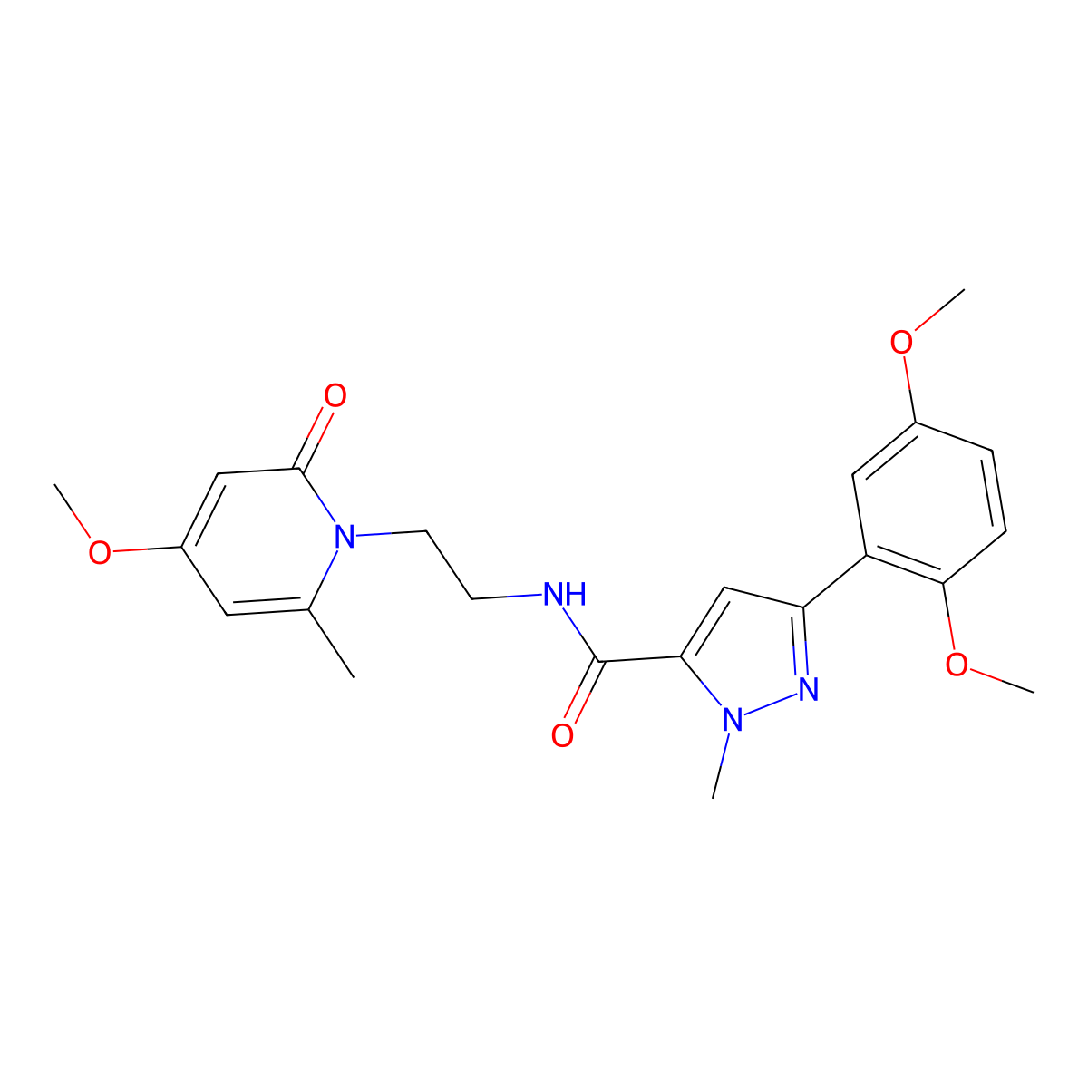 3-(2,5-dimethoxyphenyl)-N-(2-(4-methoxy-6-methyl-2-oxopyridin-1(2H)-yl)ethyl)-1-methyl-1H-pyrazole-5-carboxamide molecular structure, CAS 2034590-67-3