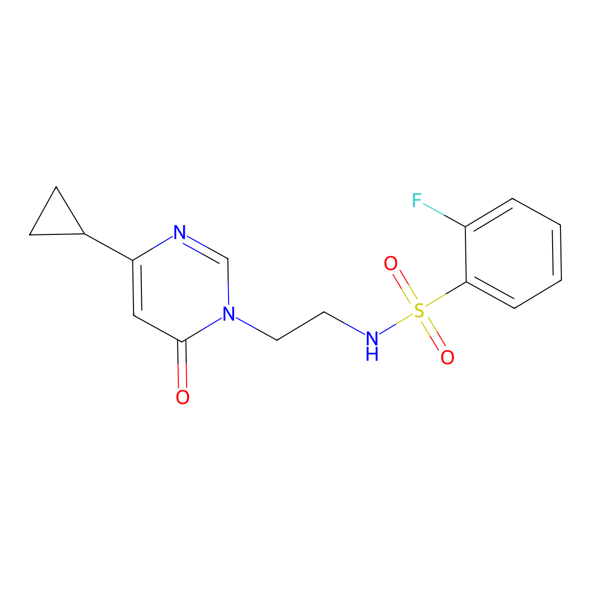 N-(2-(4-cyclopropyl-6-oxopyrimidin-1(6H)-yl)ethyl)-2-fluorobenzenesulfonamide molecular structure, CAS 2034590-74-2