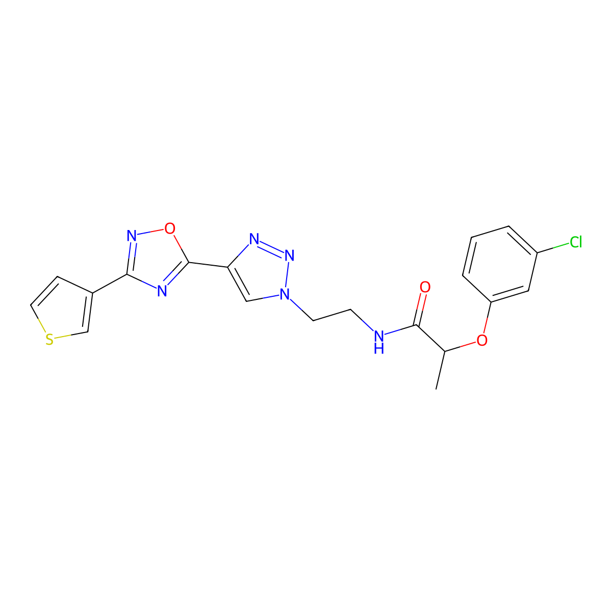 2-(3-chlorophenoxy)-N-(2-(4-(3-(thiophen-3-yl)-1,2,4-oxadiazol-5-yl)-1H-1,2,3-triazol-1-yl)ethyl)propanamide molecular structure, CAS 2034590-76-4