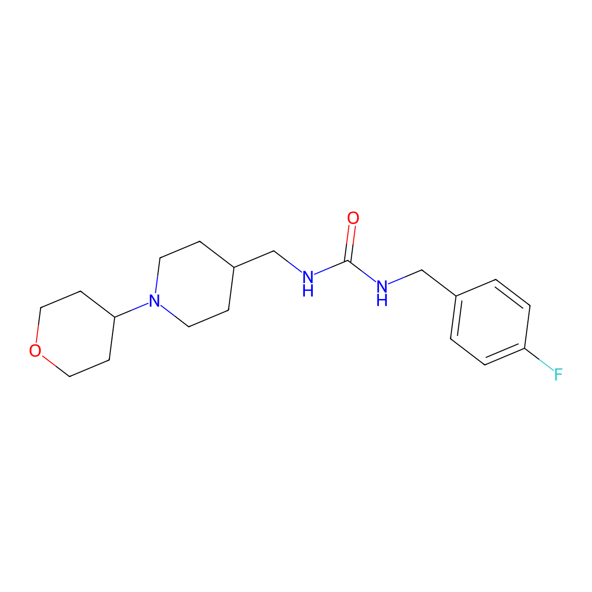 1-(4-fluorobenzyl)-3-((1-(tetrahydro-2H-pyran-4-yl)piperidin-4-yl)methyl)urea molecular structure, CAS 2034590-77-5