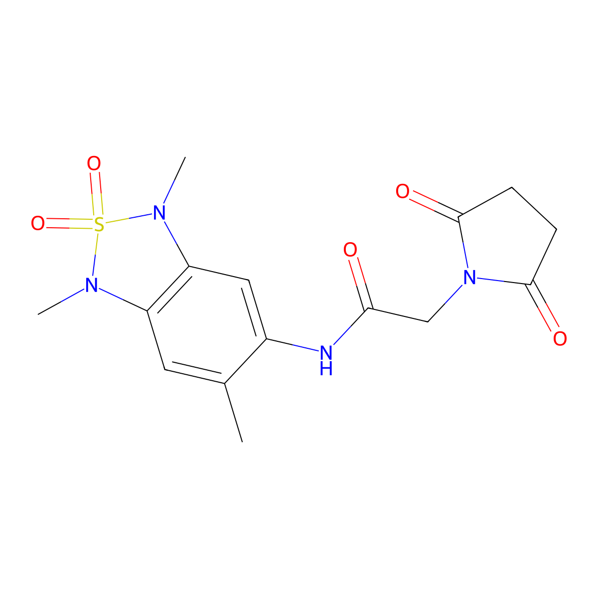 2-(2,5-dioxopyrrolidin-1-yl)-N-(1,3,6-trimethyl-2,2-dioxido-1,3-dihydrobenzo[c][1,2,5]thiadiazol-5-yl)acetamide molecular structure, CAS 2034590-84-4