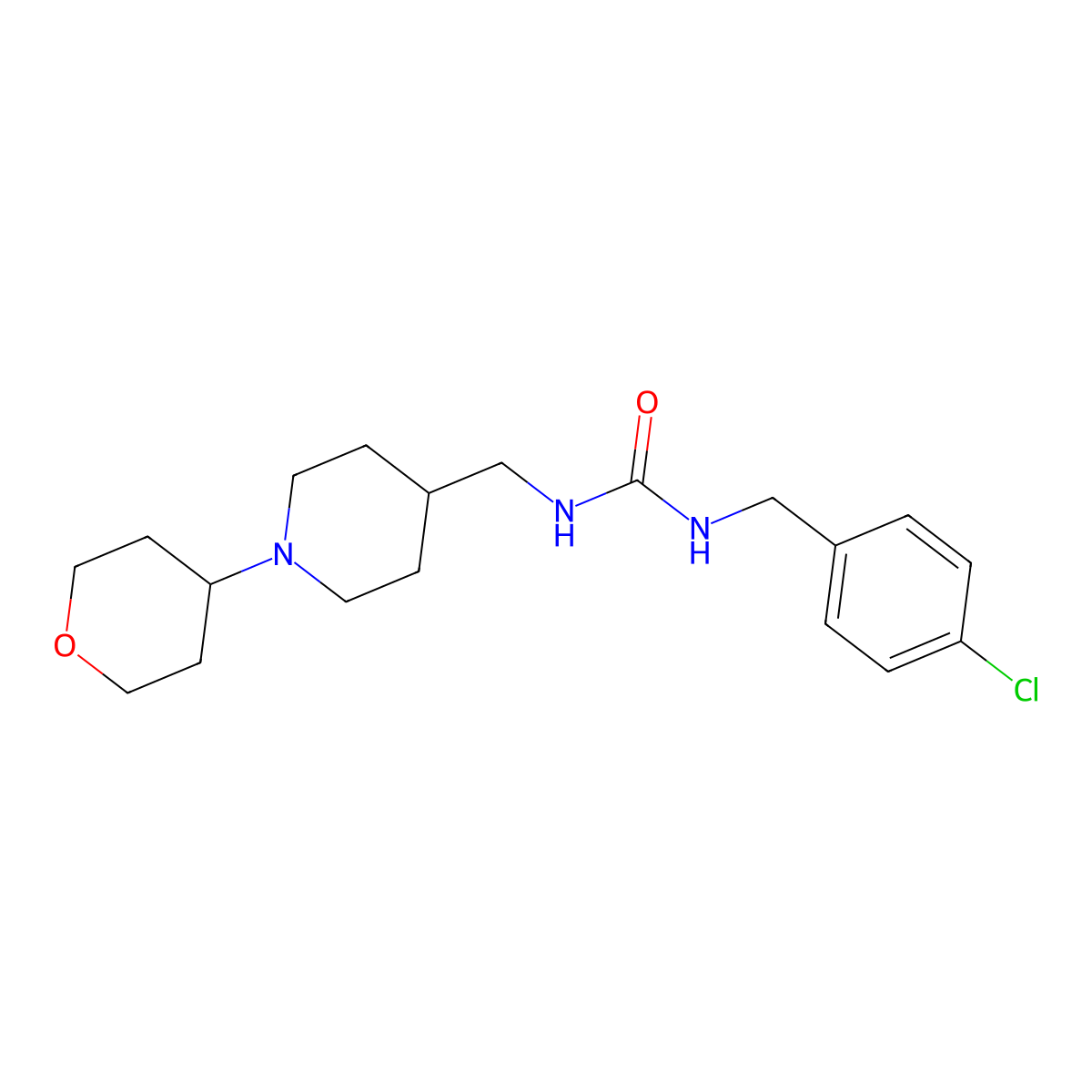 1-(4-chlorobenzyl)-3-((1-(tetrahydro-2H-pyran-4-yl)piperidin-4-yl)methyl)urea molecular structure, CAS 2034590-86-6