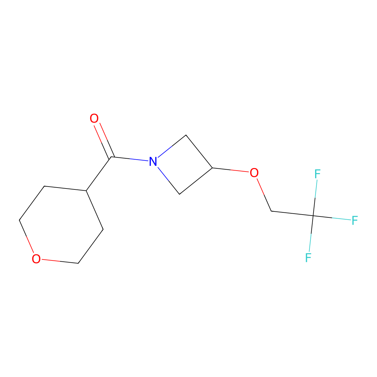 (tetrahydro-2H-pyran-4-yl)(3-(2,2,2-trifluoroethoxy)azetidin-1-yl)methanone molecular structure, CAS 2034590-92-4
