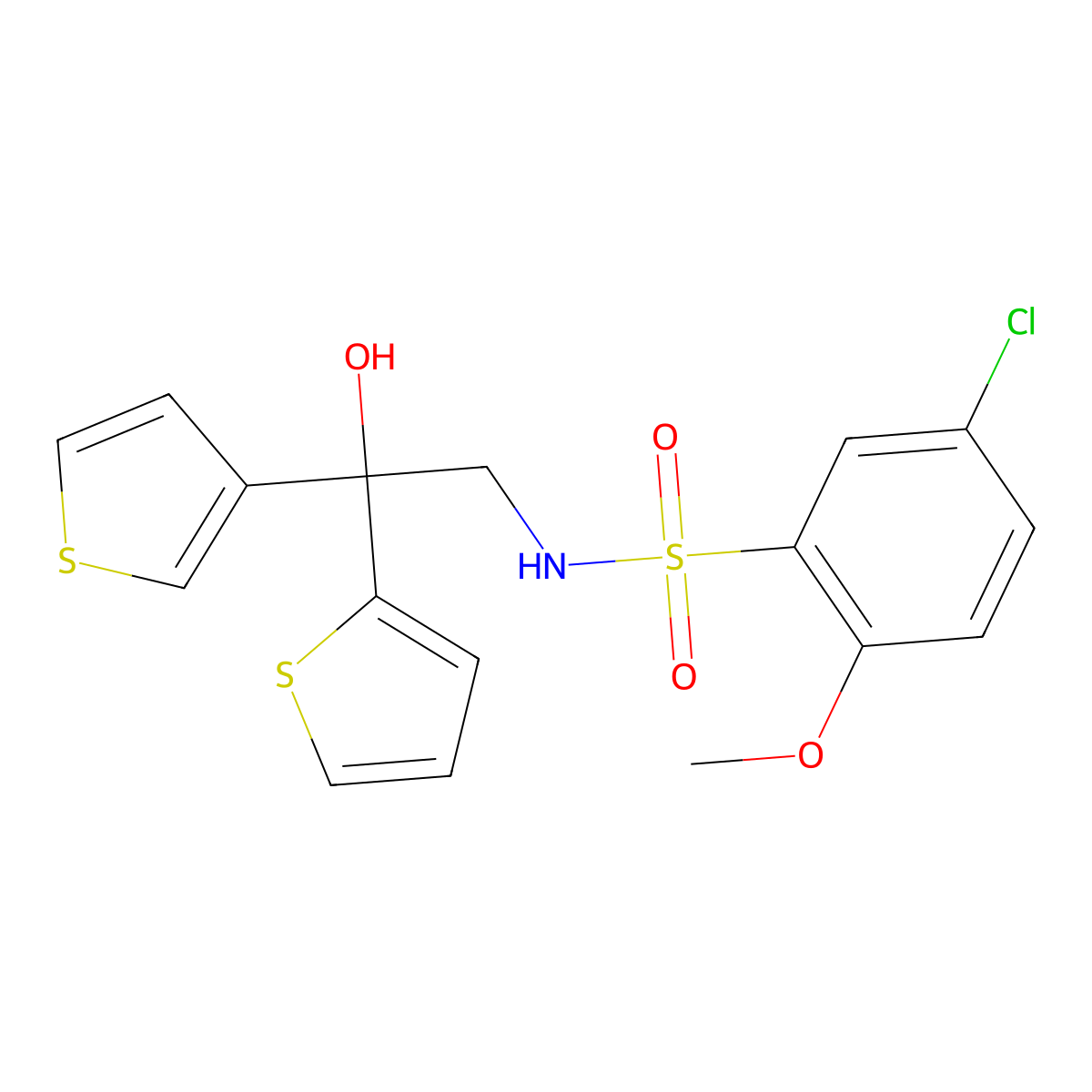 5-chloro-N-(2-hydroxy-2-(thiophen-2-yl)-2-(thiophen-3-yl)ethyl)-2-methoxybenzenesulfonamide molecular structure, CAS 2034590-99-1