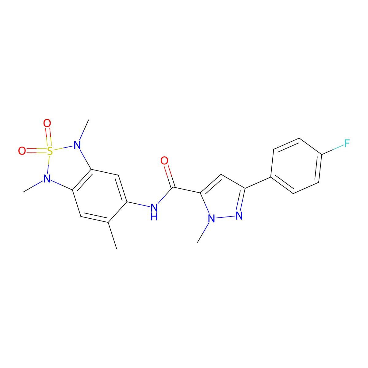 3-(4-fluorophenyl)-1-methyl-N-(1,3,6-trimethyl-2,2-dioxido-1,3-dihydrobenzo[c][1,2,5]thiadiazol-5-yl)-1H-pyrazole-5-carboxamide molecular structure, CAS 2034591-04-1