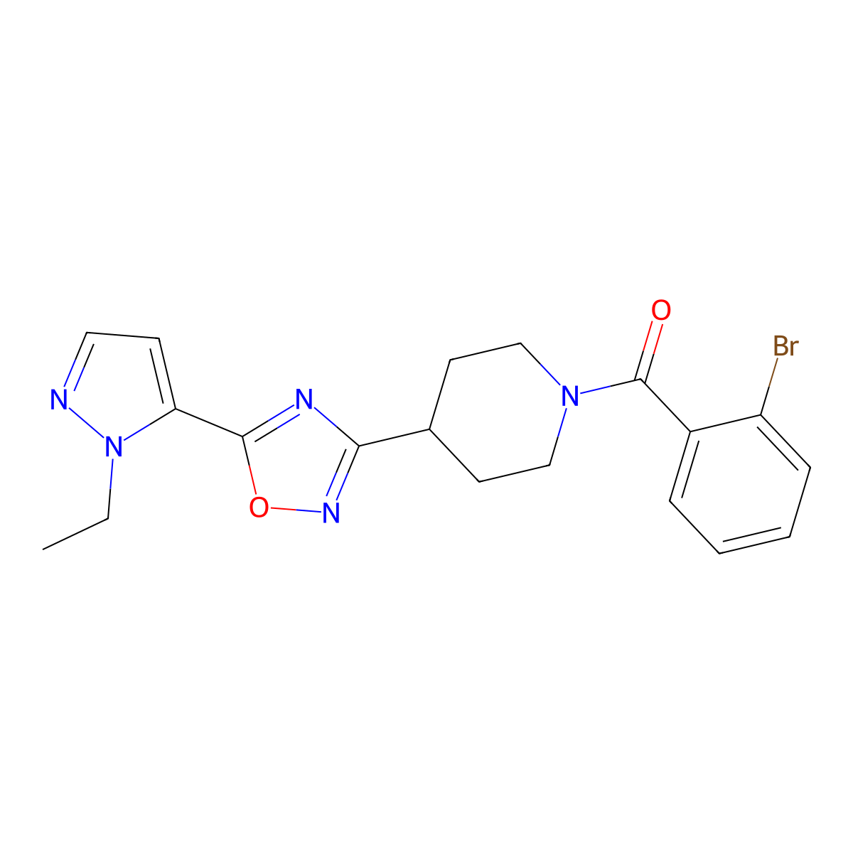 (2-bromophenyl)(4-(5-(1-ethyl-1H-pyrazol-5-yl)-1,2,4-oxadiazol-3-yl)piperidin-1-yl)methanone molecular structure, CAS 2034591-07-4