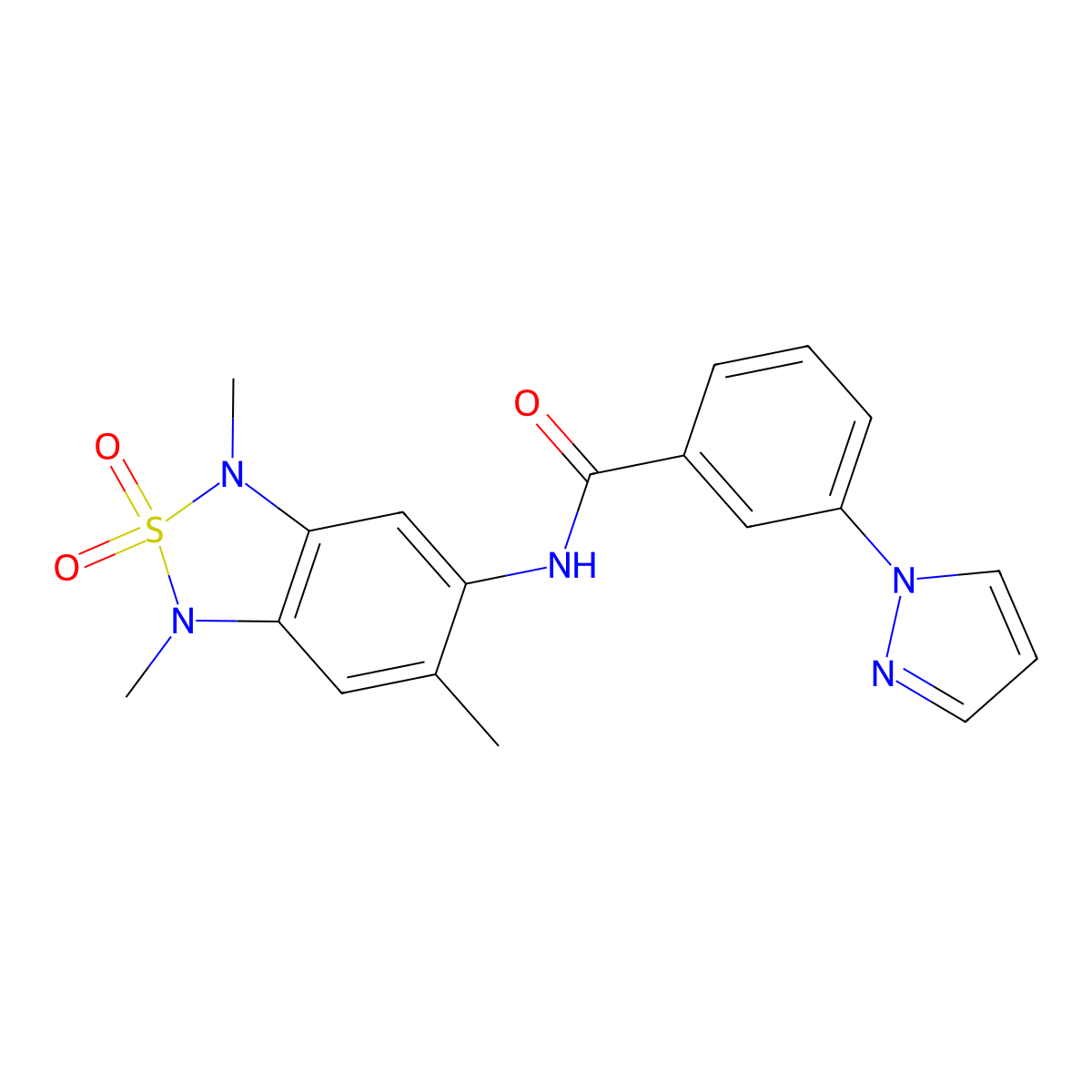 3-(1H-pyrazol-1-yl)-N-(1,3,6-trimethyl-2,2-dioxido-1,3-dihydrobenzo[c][1,2,5]thiadiazol-5-yl)benzamide molecular structure, CAS 2034591-10-9