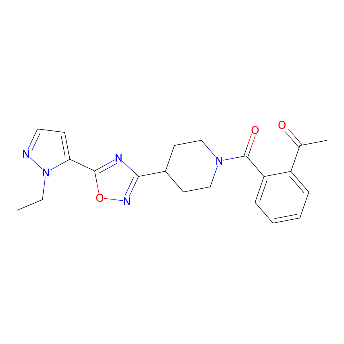 1-(2-(4-(5-(1-ethyl-1H-pyrazol-5-yl)-1,2,4-oxadiazol-3-yl)piperidine-1-carbonyl)phenyl)ethanone molecular structure, CAS 2034591-11-0