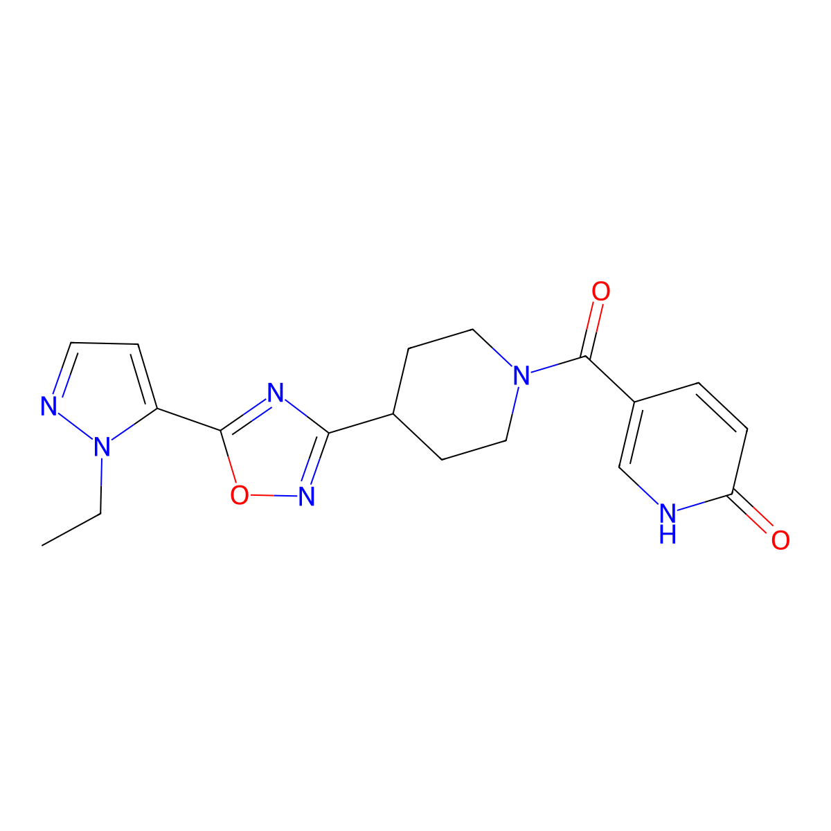 5-(4-(5-(1-ethyl-1H-pyrazol-5-yl)-1,2,4-oxadiazol-3-yl)piperidine-1-carbonyl)pyridin-2(1H)-one molecular structure, CAS 2034591-15-4