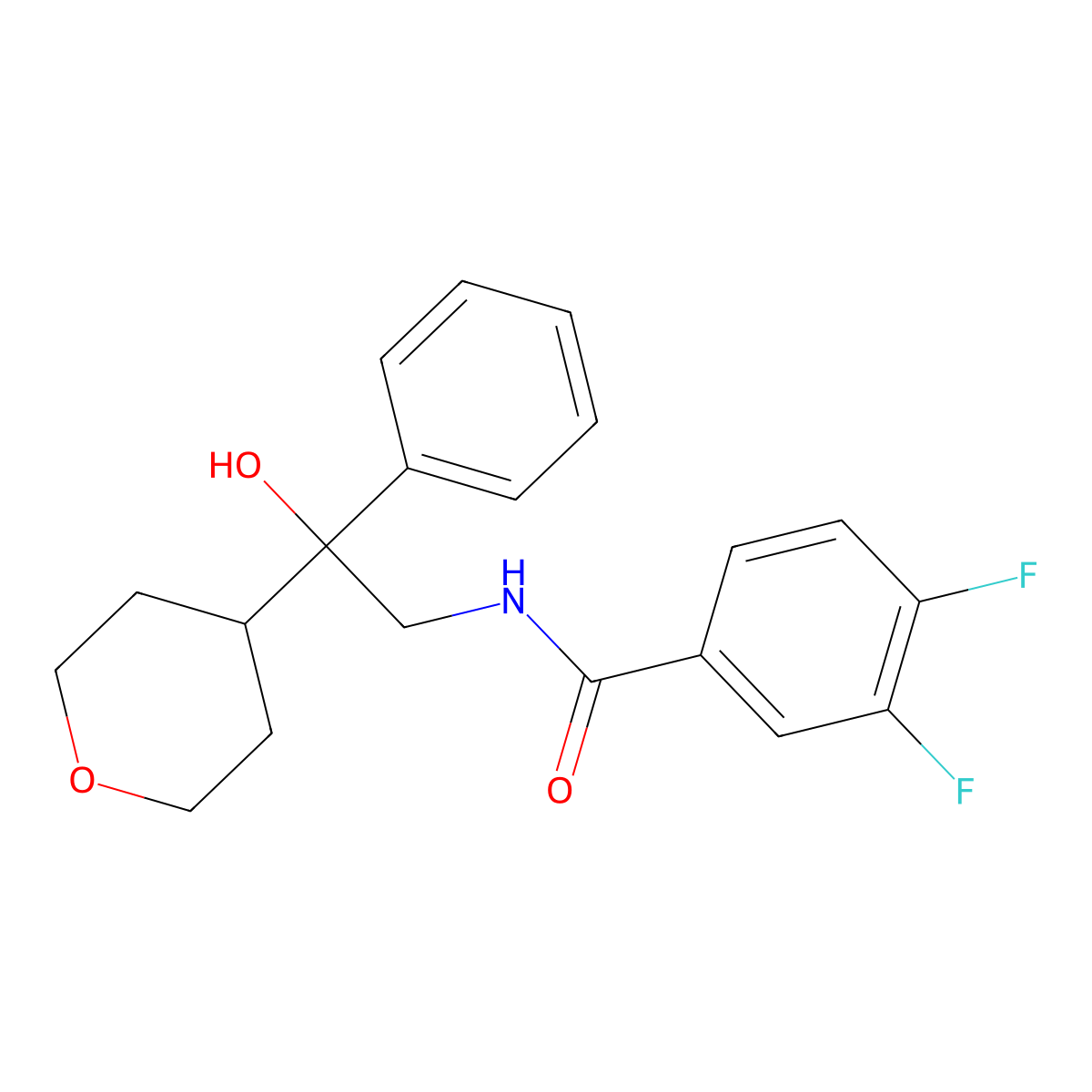 3,4-difluoro-N-(2-hydroxy-2-phenyl-2-(tetrahydro-2H-pyran-4-yl)ethyl)benzamide molecular structure, CAS 2034591-42-7