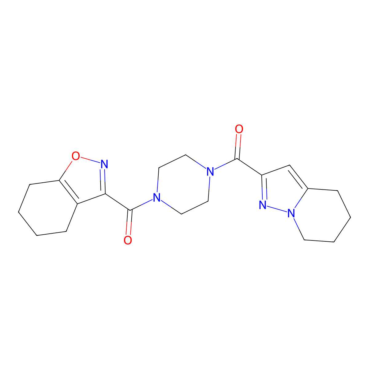 (4,5,6,7-Tetrahydrobenzo[d]isoxazol-3-yl)(4-(4,5,6,7-tetrahydropyrazolo[1,5-a]pyridine-2-carbonyl)piperazin-1-yl)methanone molecular structure, CAS 2034591-56-3