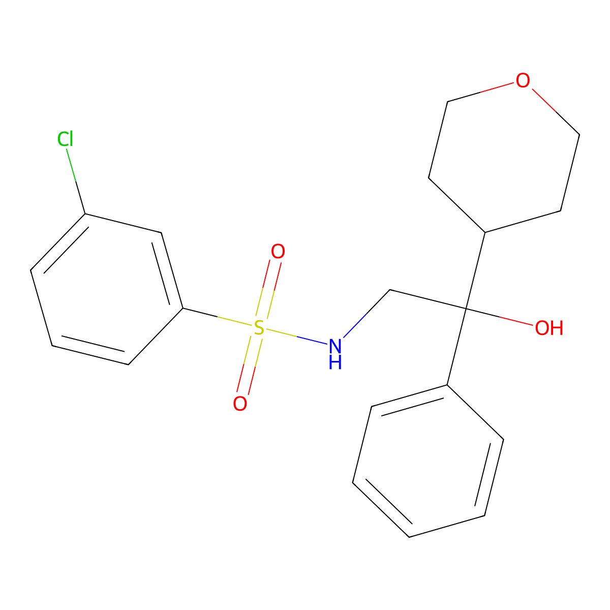 3-chloro-N-(2-hydroxy-2-phenyl-2-(tetrahydro-2H-pyran-4-yl)ethyl)benzenesulfonamide molecular structure, CAS 2034591-89-2