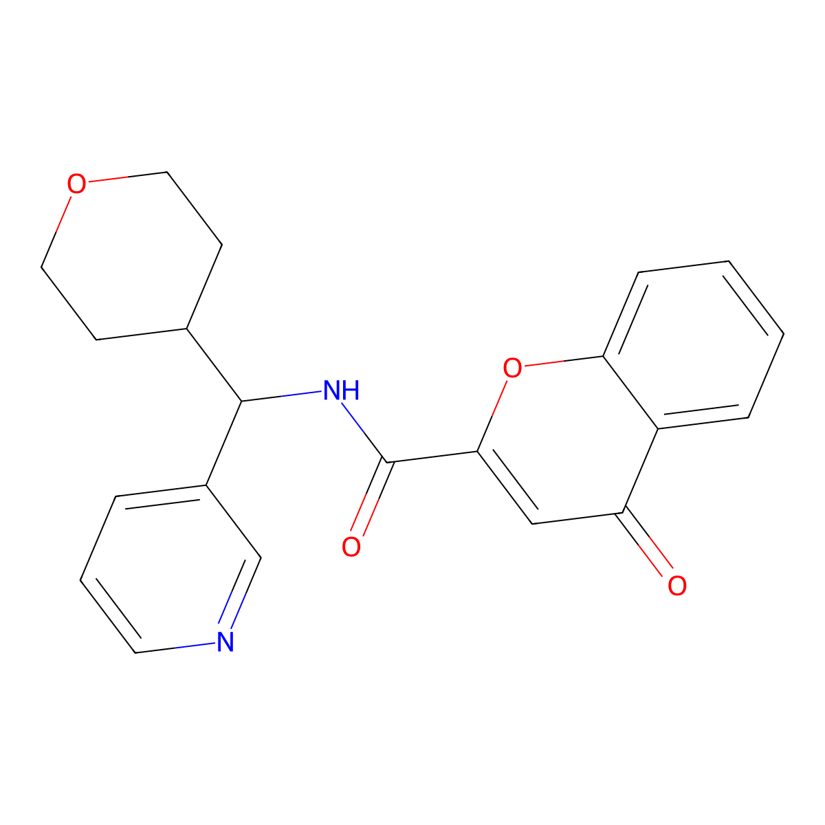 4-oxo-N-(pyridin-3-yl(tetrahydro-2H-pyran-4-yl)methyl)-4H-chromene-2-carboxamide molecular structure, CAS 2034592-07-7