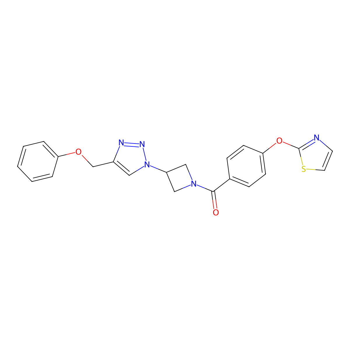 (3-(4-(phenoxymethyl)-1H-1,2,3-triazol-1-yl)azetidin-1-yl)(4-(thiazol-2-yloxy)phenyl)methanone molecular structure, CAS 2034592-44-2