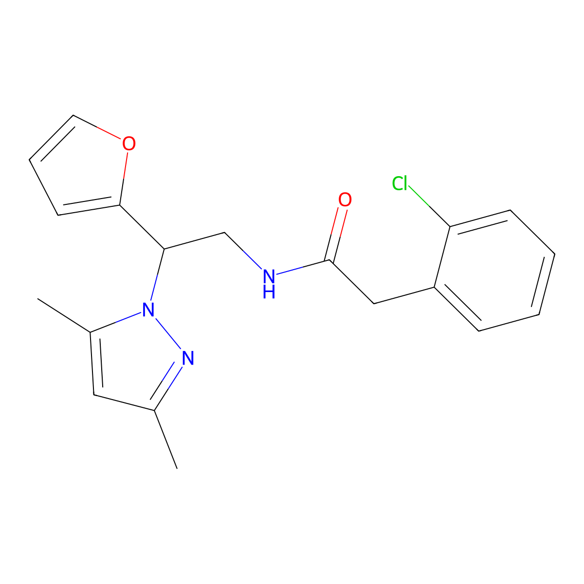 2-(2-chlorophenyl)-N-[2-(3,5-dimethyl-1H-pyrazol-1-yl)-2-(furan-2-yl)ethyl]acetamide molecular structure, CAS 2034592-58-8