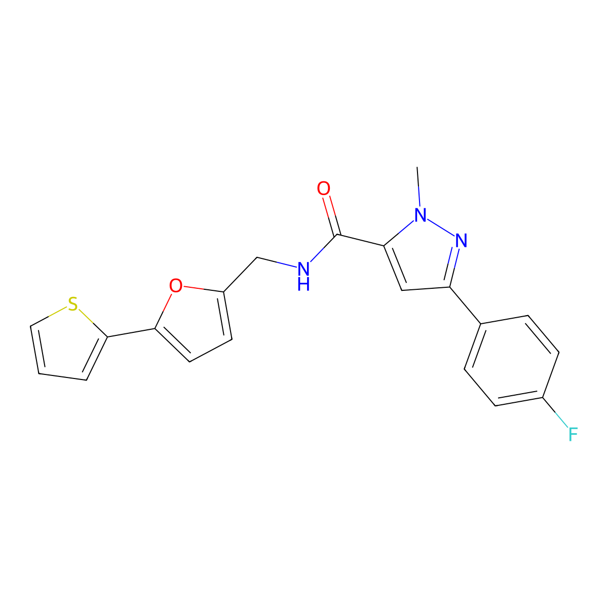 3-(4-fluorophenyl)-1-methyl-N-((5-(thiophen-2-yl)furan-2-yl)methyl)-1H-pyrazole-5-carboxamide molecular structure, CAS 2034592-67-9