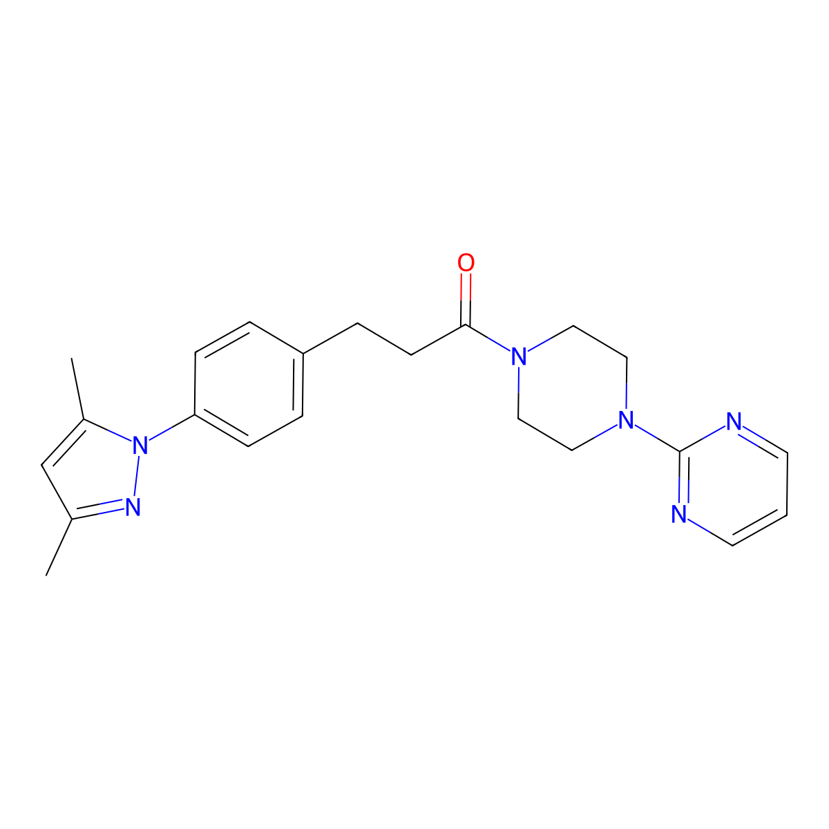 3-(4-(3,5-dimethyl-1H-pyrazol-1-yl)phenyl)-1-(4-(pyrimidin-2-yl)piperazin-1-yl)propan-1-one molecular structure, CAS 2034592-76-0