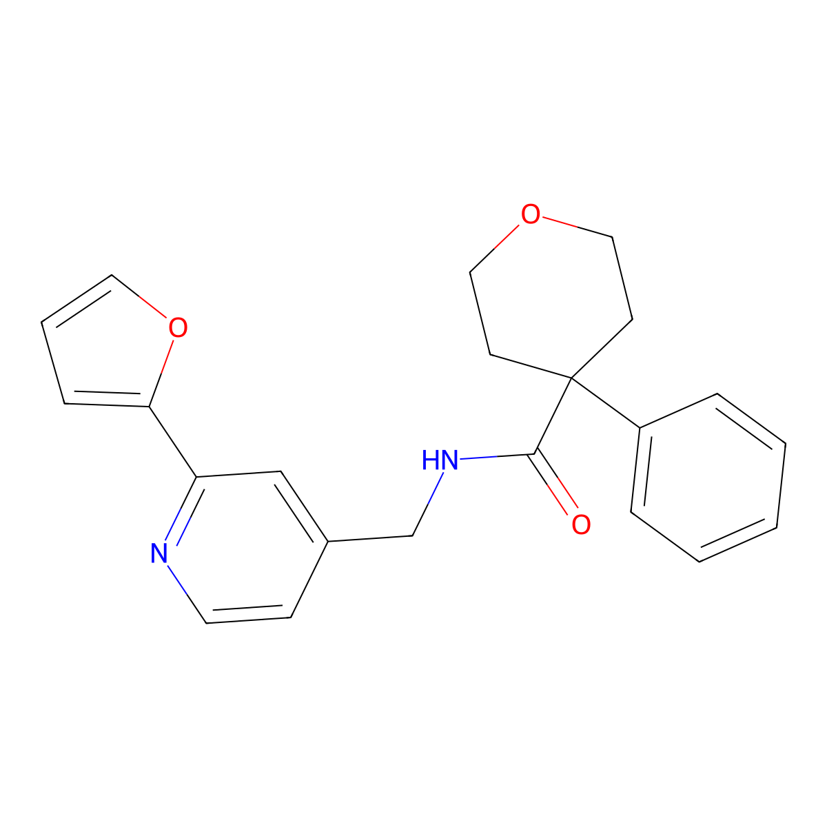 N-((2-(furan-2-yl)pyridin-4-yl)methyl)-4-phenyltetrahydro-2H-pyran-4-carboxamide molecular structure, CAS 2034593-02-5