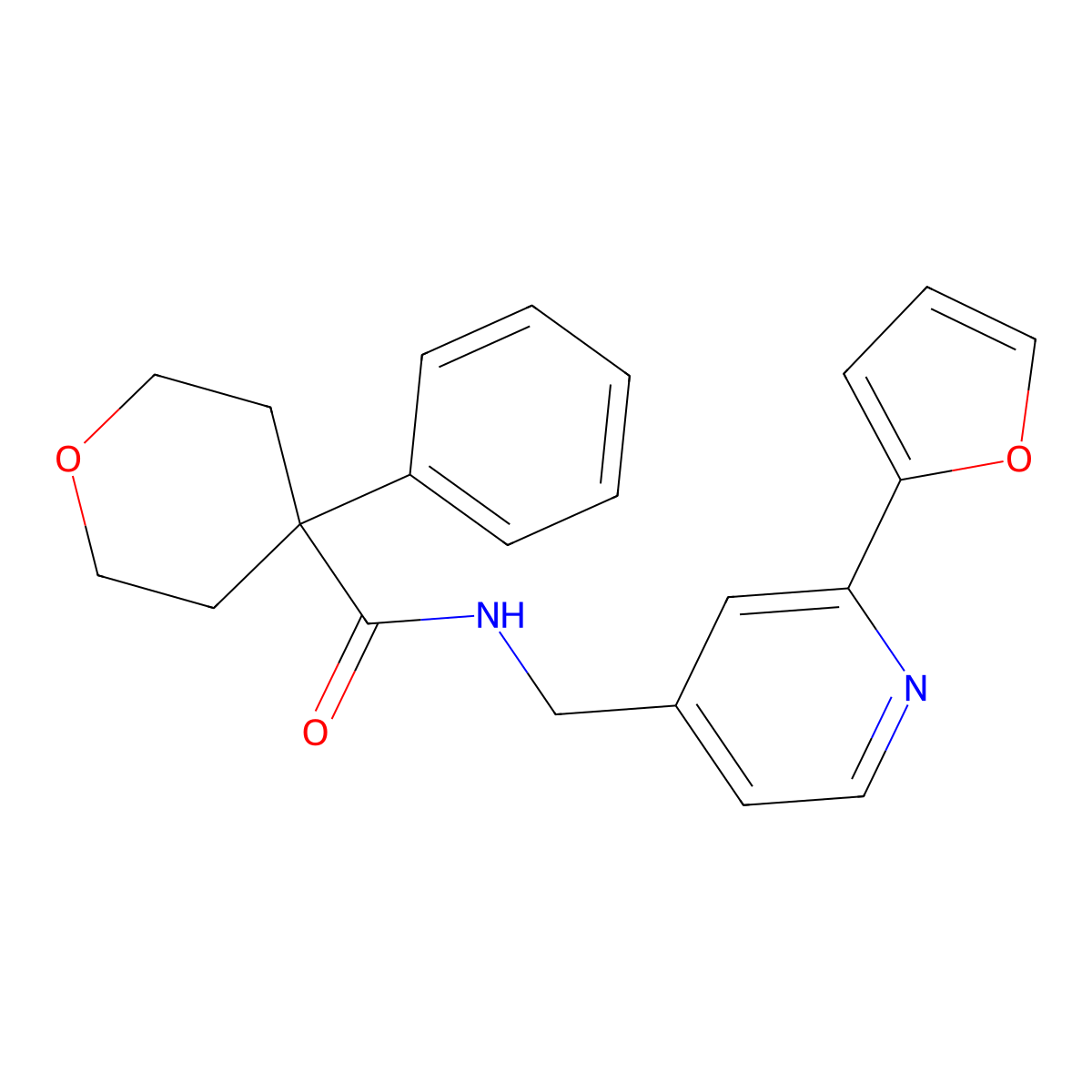 N-((2-(furan-2-yl)pyridin-4-yl)methyl)-4-phenyltetrahydro-2H-pyran-4-carboxamide molecular structure, CAS 2034593-02-5