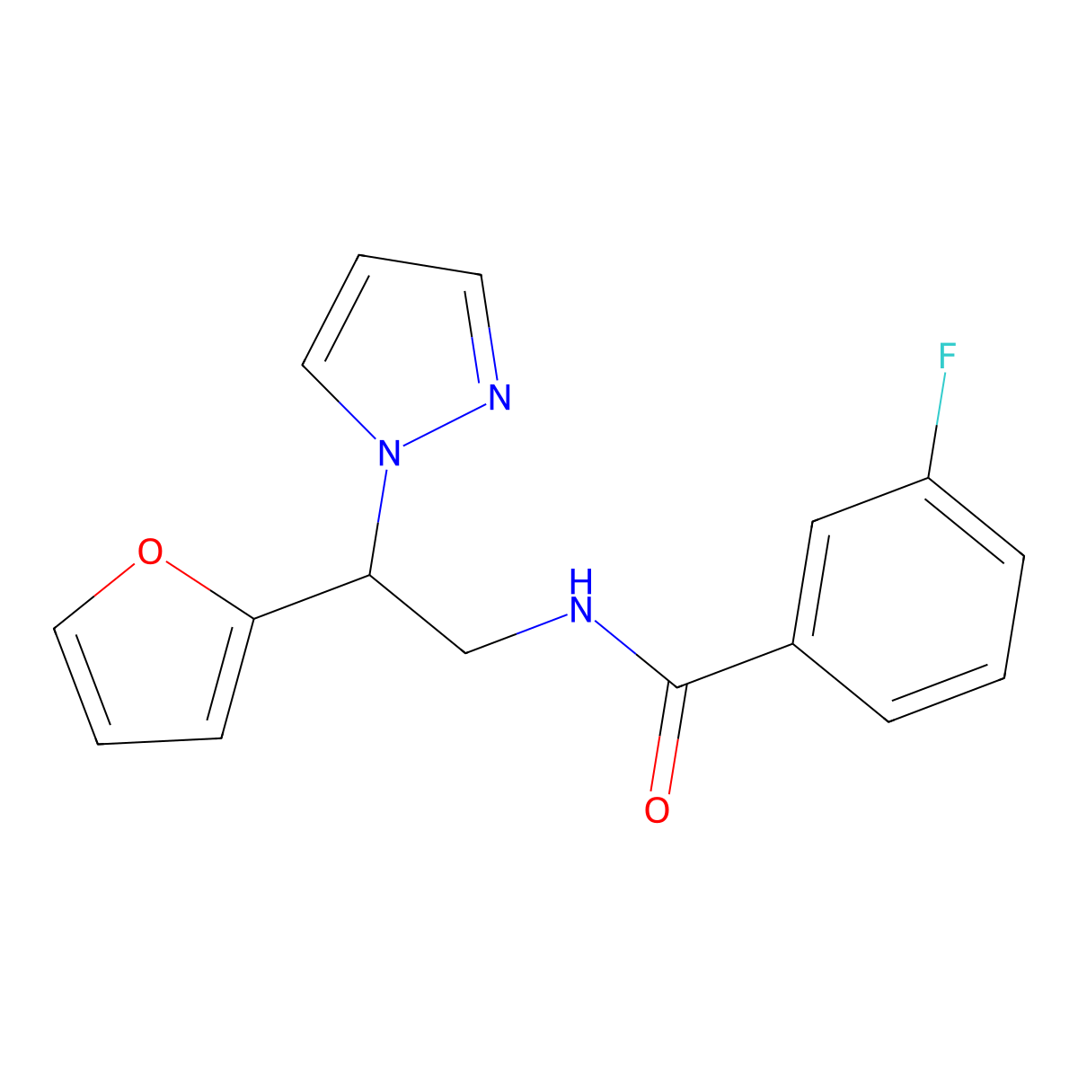 3-fluoro-N-(2-(furan-2-yl)-2-(1H-pyrazol-1-yl)ethyl)benzamide molecular structure, CAS 2034593-08-1
