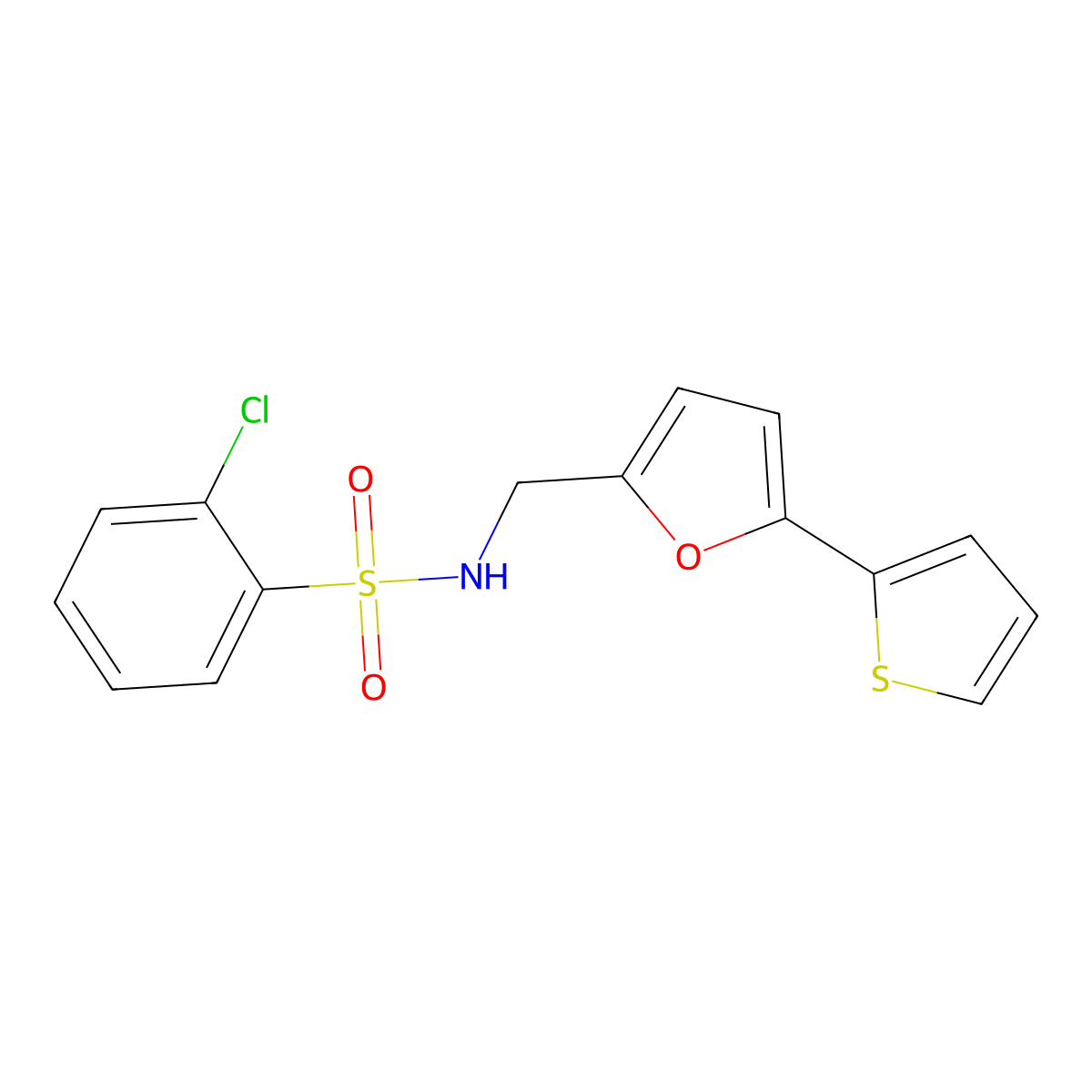 2-chloro-N-((5-(thiophen-2-yl)furan-2-yl)methyl)benzenesulfonamide molecular structure, CAS 2034593-10-5