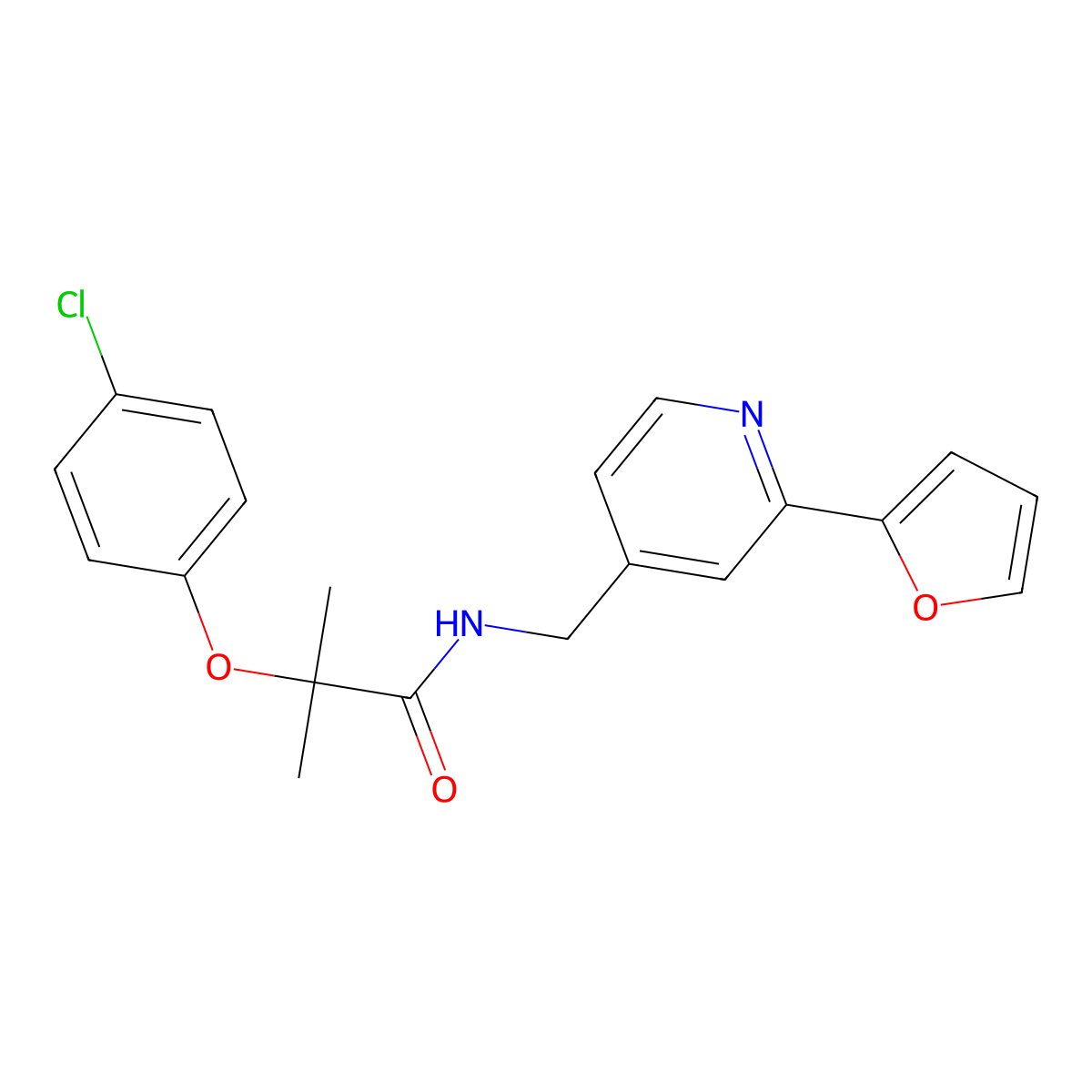 2-(4-chlorophenoxy)-N-((2-(furan-2-yl)pyridin-4-yl)methyl)-2-methylpropanamide molecular structure, CAS 2034593-11-6