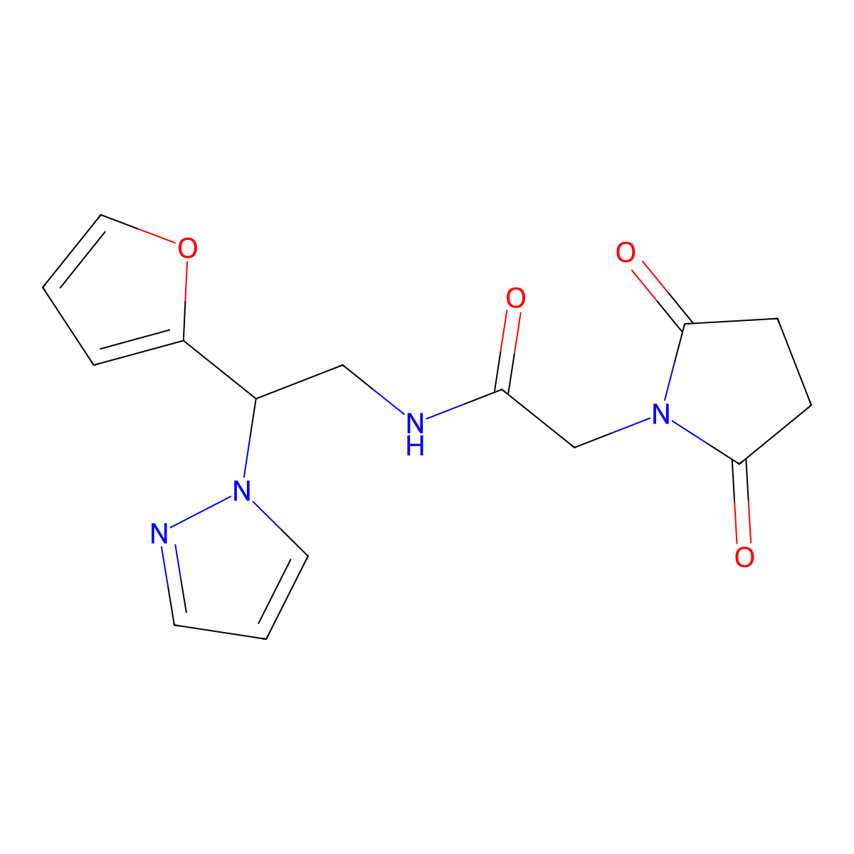 2-(2,5-dioxopyrrolidin-1-yl)-N-(2-(furan-2-yl)-2-(1H-pyrazol-1-yl)ethyl)acetamide molecular structure, CAS 2034593-19-4