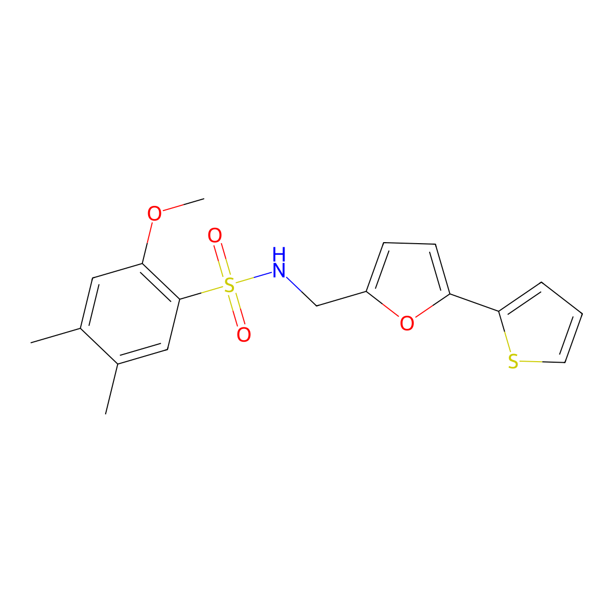 2-methoxy-4,5-dimethyl-N-((5-(thiophen-2-yl)furan-2-yl)methyl)benzenesulfonamide molecular structure, CAS 2034593-21-8