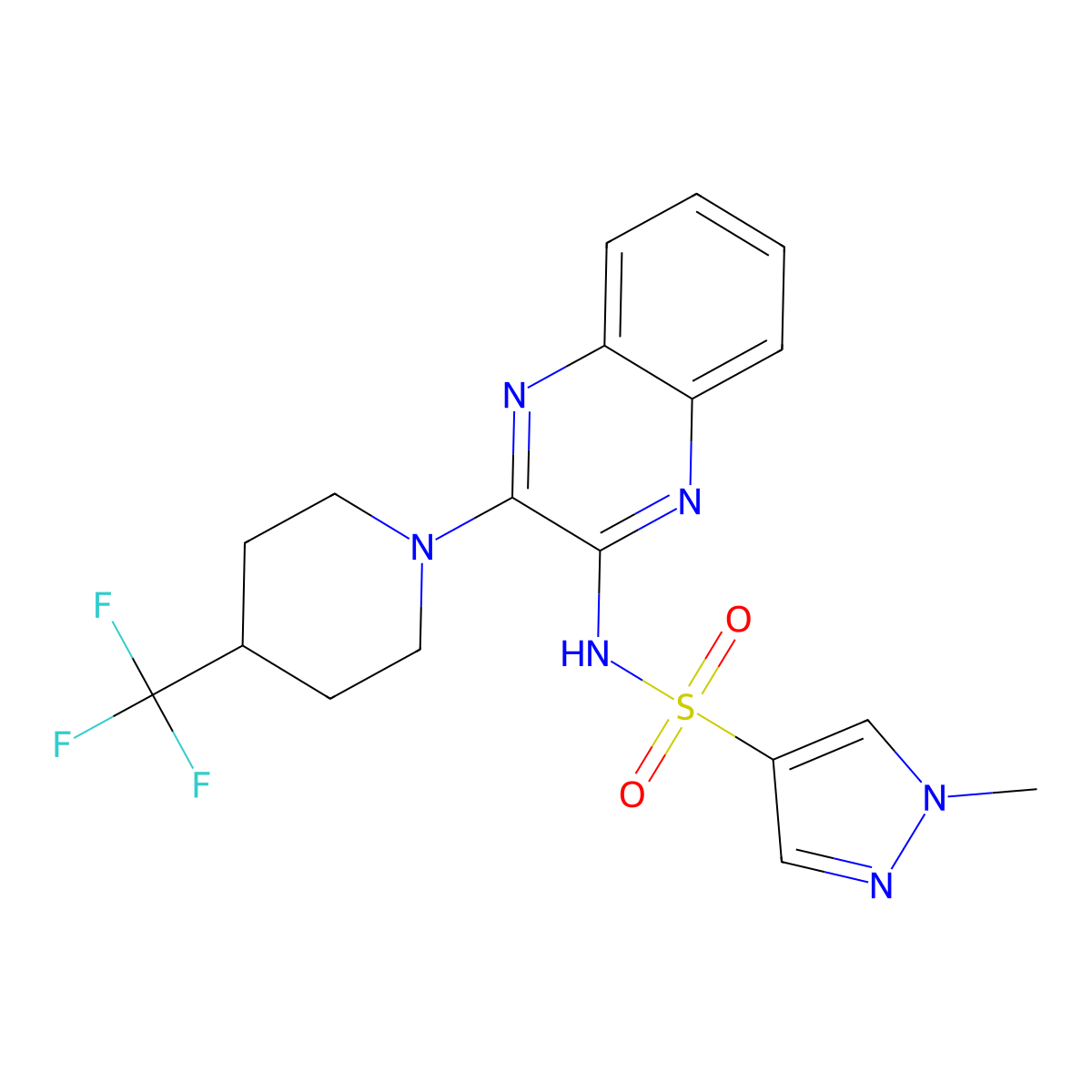 1-methyl-N-{3-[4-(trifluoromethyl)piperidin-1-yl]quinoxalin-2-yl}-1H-pyrazole-4-sulfonamide molecular structure, CAS 2034593-26-3