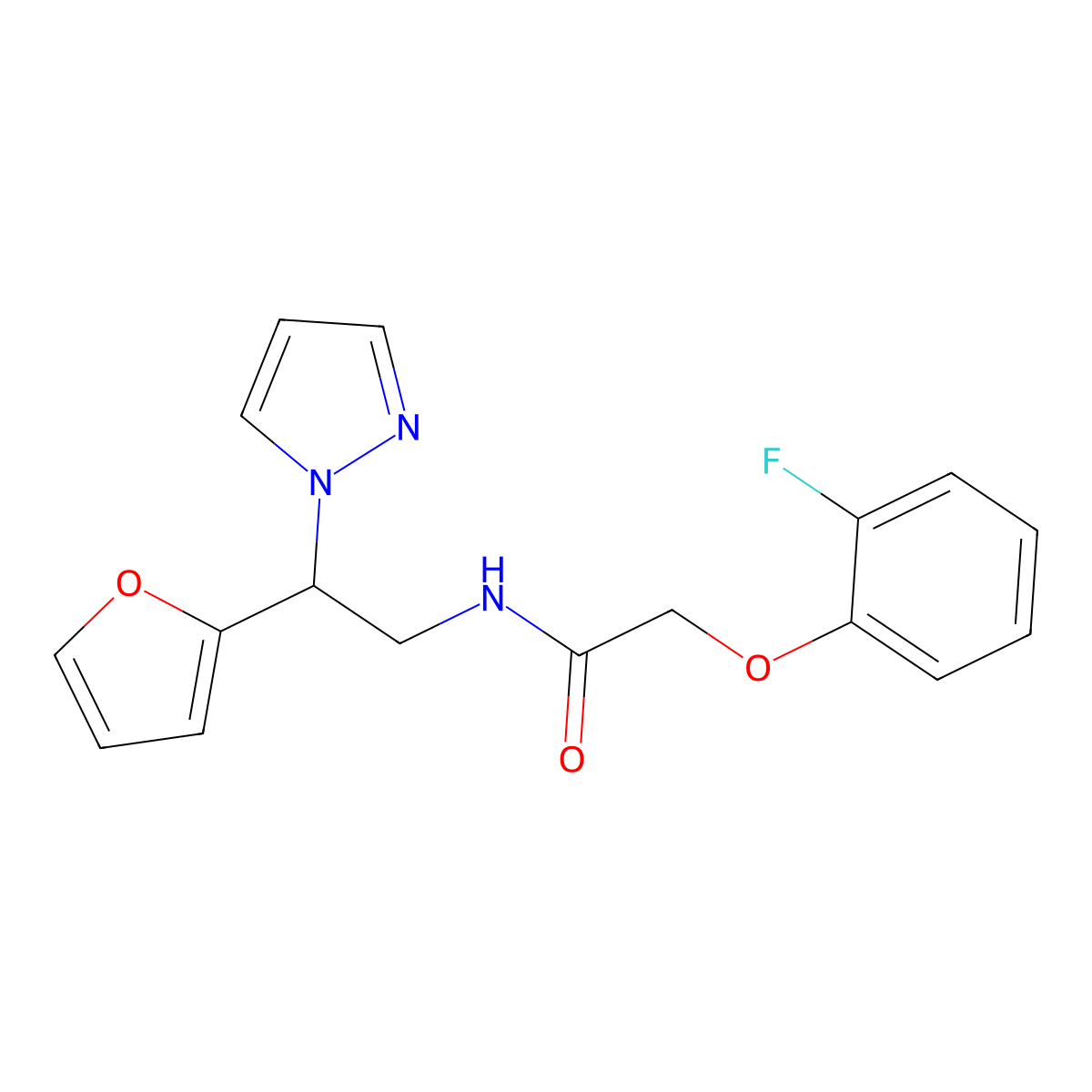 2-(2-fluorophenoxy)-N-(2-(furan-2-yl)-2-(1H-pyrazol-1-yl)ethyl)acetamide molecular structure, CAS 2034593-28-5