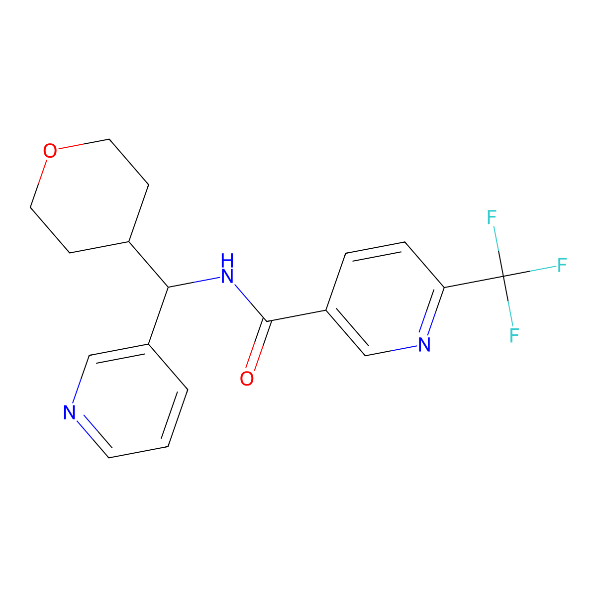 N-(pyridin-3-yl(tetrahydro-2H-pyran-4-yl)methyl)-6-(trifluoromethyl)nicotinamide molecular structure, CAS 2034593-39-8