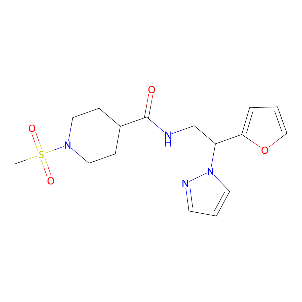 N-(2-(furan-2-yl)-2-(1H-pyrazol-1-yl)ethyl)-1-(methylsulfonyl)piperidine-4-carboxamide molecular structure, CAS 2034593-44-5