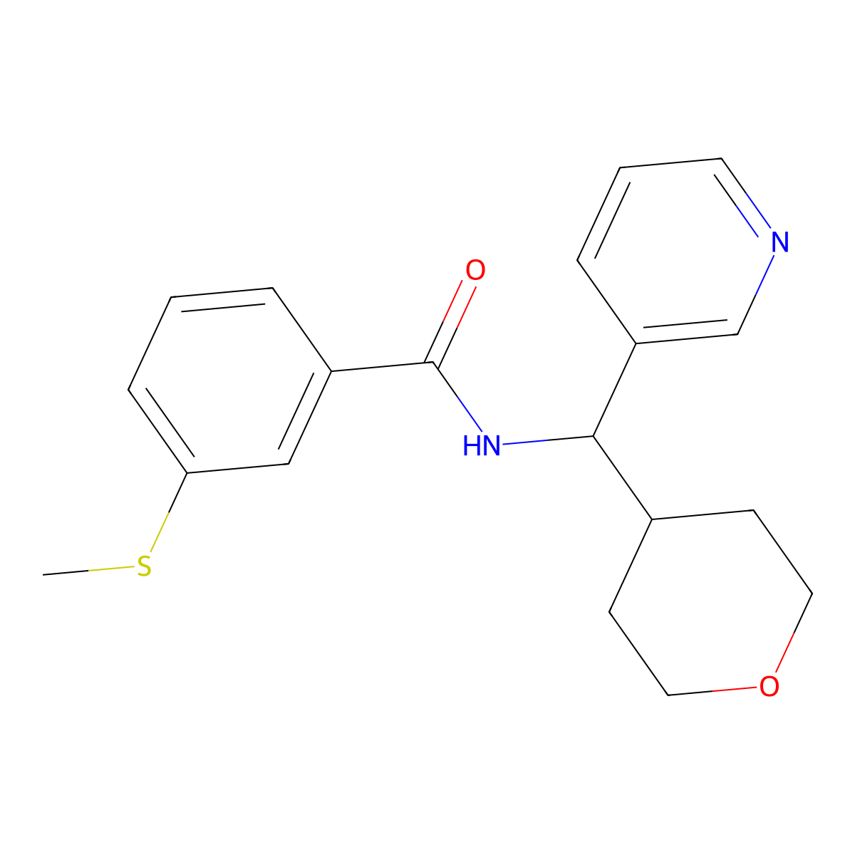 3-(methylthio)-N-(pyridin-3-yl(tetrahydro-2H-pyran-4-yl)methyl)benzamide molecular structure, CAS 2034593-45-6