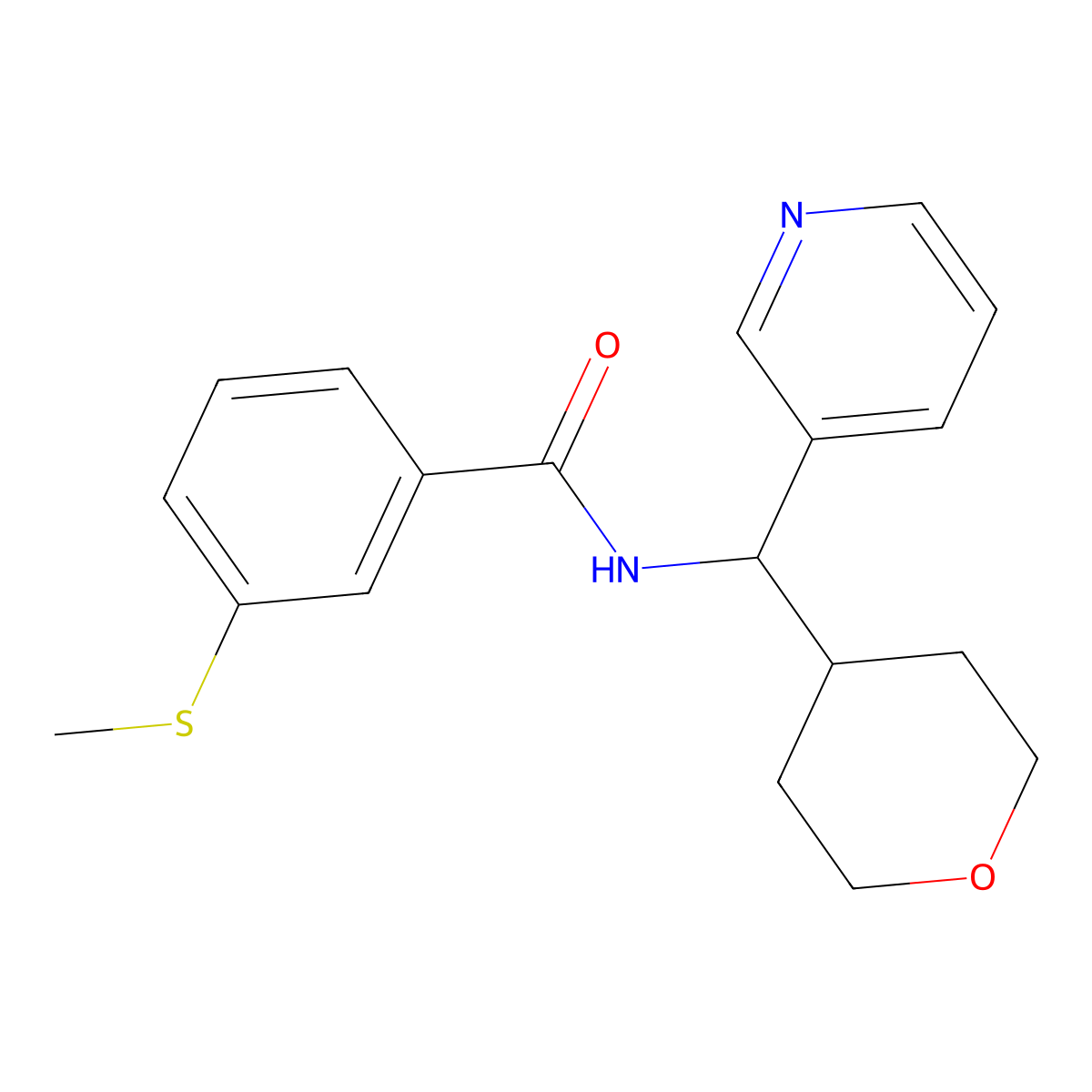 3-(methylthio)-N-(pyridin-3-yl(tetrahydro-2H-pyran-4-yl)methyl)benzamide molecular structure, CAS 2034593-45-6