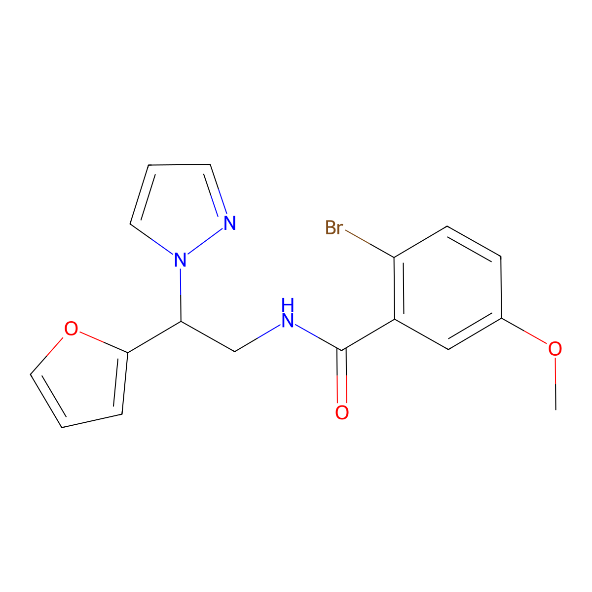 2-bromo-N-(2-(furan-2-yl)-2-(1H-pyrazol-1-yl)ethyl)-5-methoxybenzamide molecular structure, CAS 2034593-49-0