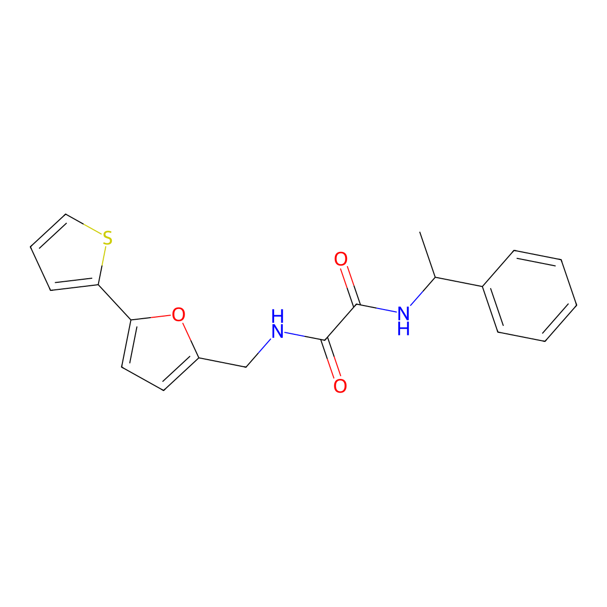 N1-(1-phenylethyl)-N2-((5-(thiophen-2-yl)furan-2-yl)methyl)oxalamide molecular structure, CAS 2034593-53-6
