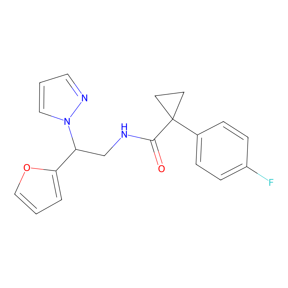 1-(4-fluorophenyl)-N-(2-(furan-2-yl)-2-(1H-pyrazol-1-yl)ethyl)cyclopropanecarboxamide molecular structure, CAS 2034593-54-7
