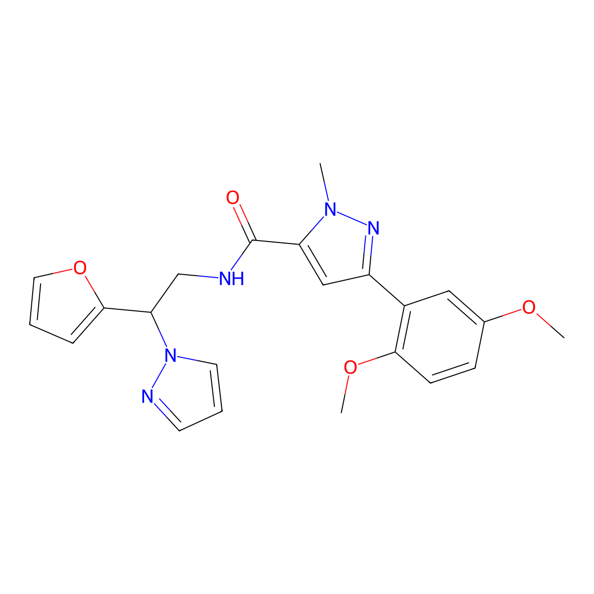 3-(2,5-dimethoxyphenyl)-N-(2-(furan-2-yl)-2-(1H-pyrazol-1-yl)ethyl)-1-methyl-1H-pyrazole-5-carboxamide molecular structure, CAS 2034593-59-2
