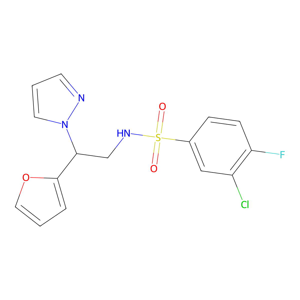 3-chloro-4-fluoro-N-(2-(furan-2-yl)-2-(1H-pyrazol-1-yl)ethyl)benzenesulfonamide molecular structure, CAS 2034593-78-5