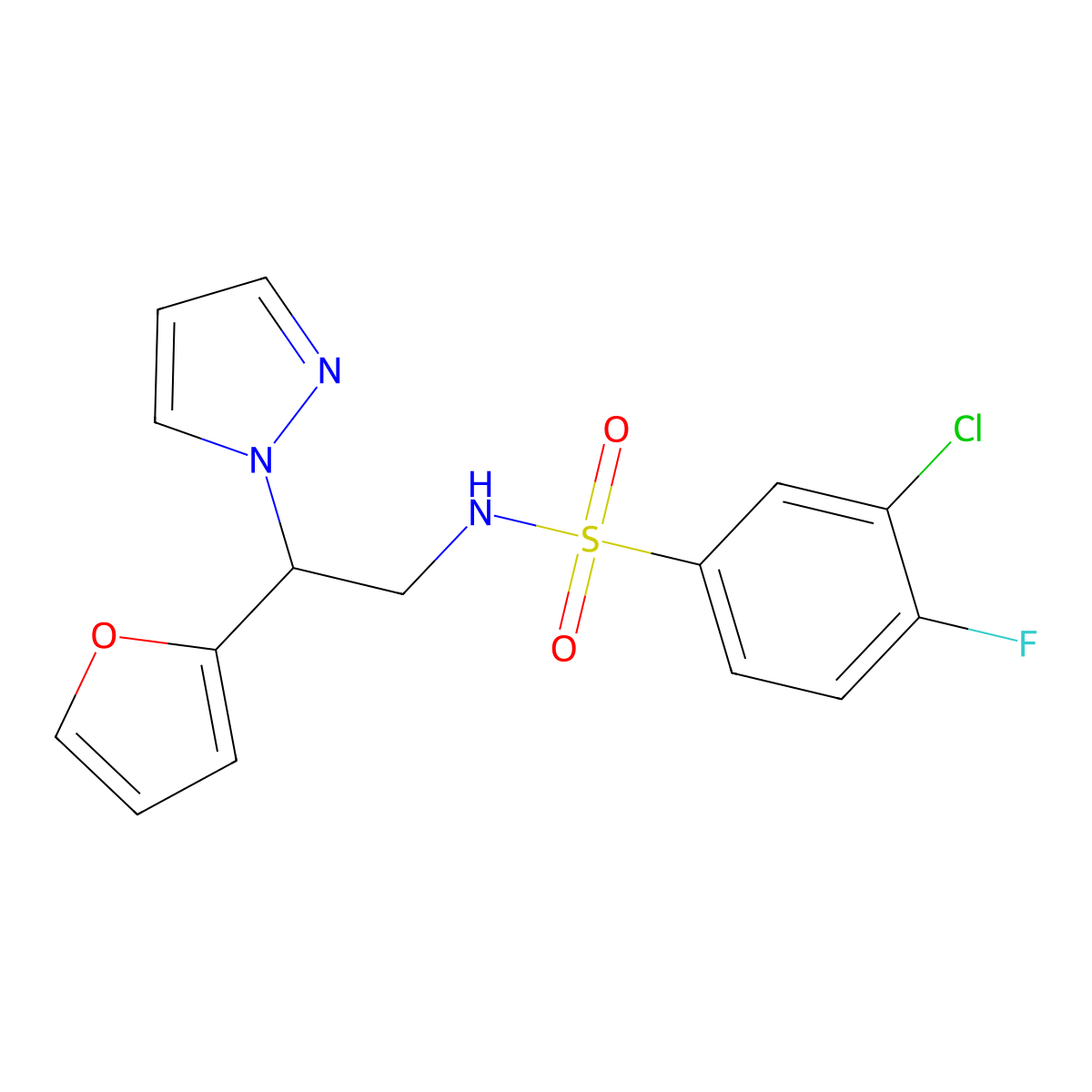 3-chloro-4-fluoro-N-(2-(furan-2-yl)-2-(1H-pyrazol-1-yl)ethyl)benzenesulfonamide molecular structure, CAS 2034593-78-5