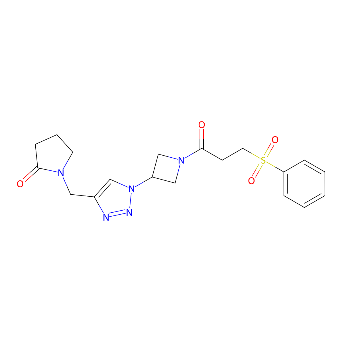 1-((1-(1-(3-(phenylsulfonyl)propanoyl)azetidin-3-yl)-1H-1,2,3-triazol-4-yl)methyl)pyrrolidin-2-one molecular structure, CAS 2034593-89-8