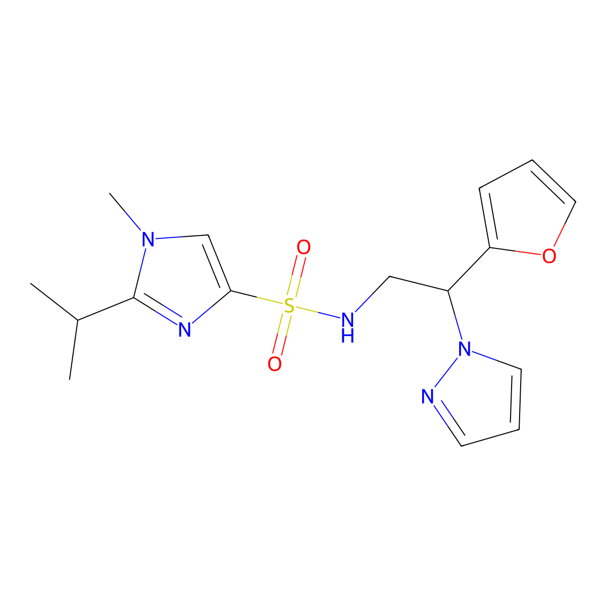 N-(2-(furan-2-yl)-2-(1H-pyrazol-1-yl)ethyl)-2-isopropyl-1-methyl-1H-imidazole-4-sulfonamide molecular structure, CAS 2034593-97-8