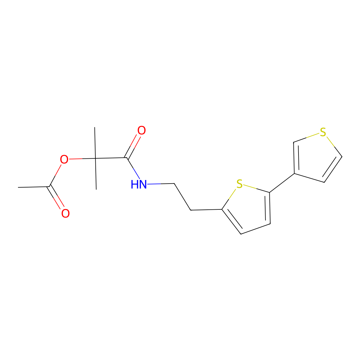 1-((2-([2,3'-Bithiophen]-5-yl)ethyl)amino)-2-methyl-1-oxopropan-2-yl acetate molecular structure, CAS 2034594-02-8
