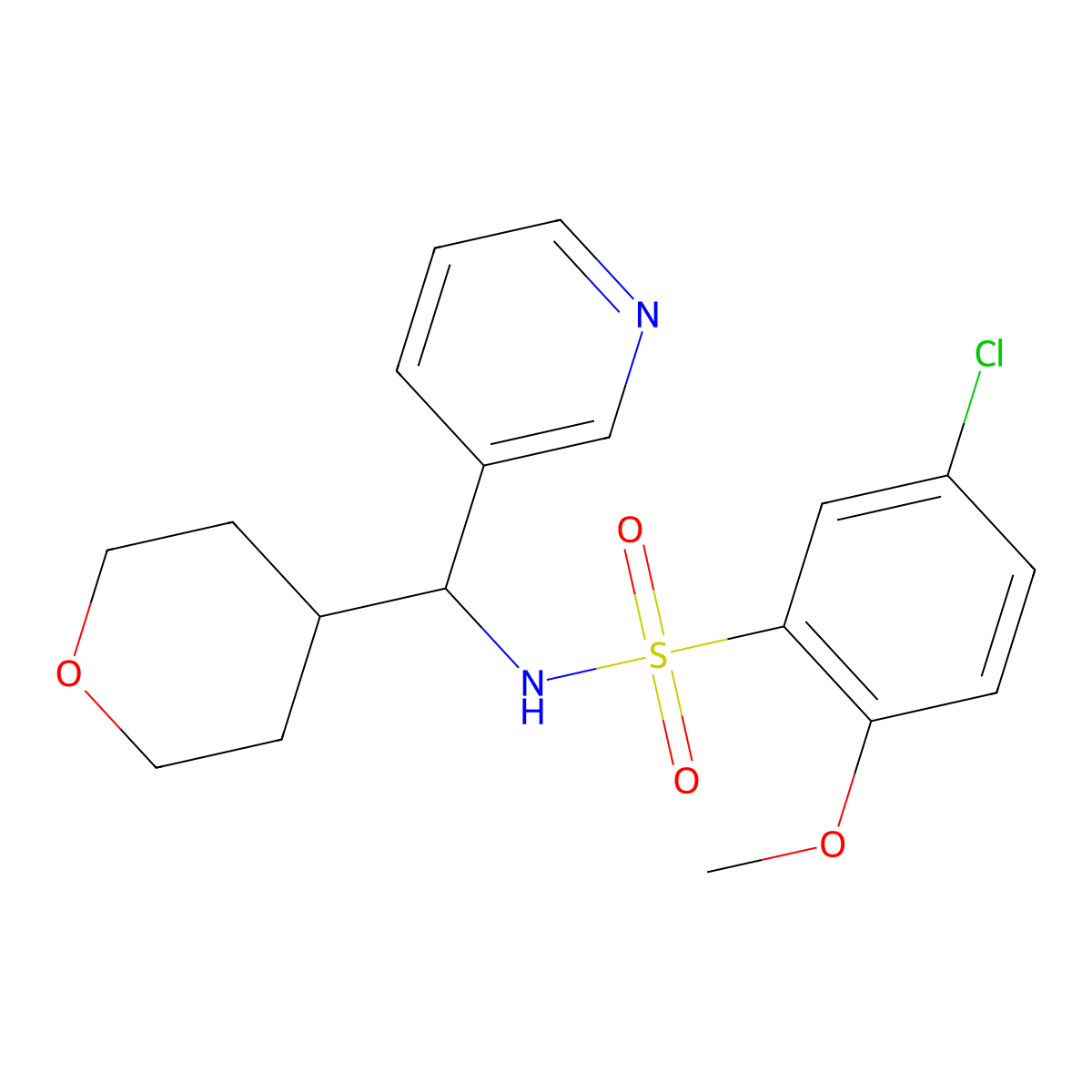 5-chloro-2-methoxy-N-(pyridin-3-yl(tetrahydro-2H-pyran-4-yl)methyl)benzenesulfonamide molecular structure, CAS 2034594-07-3