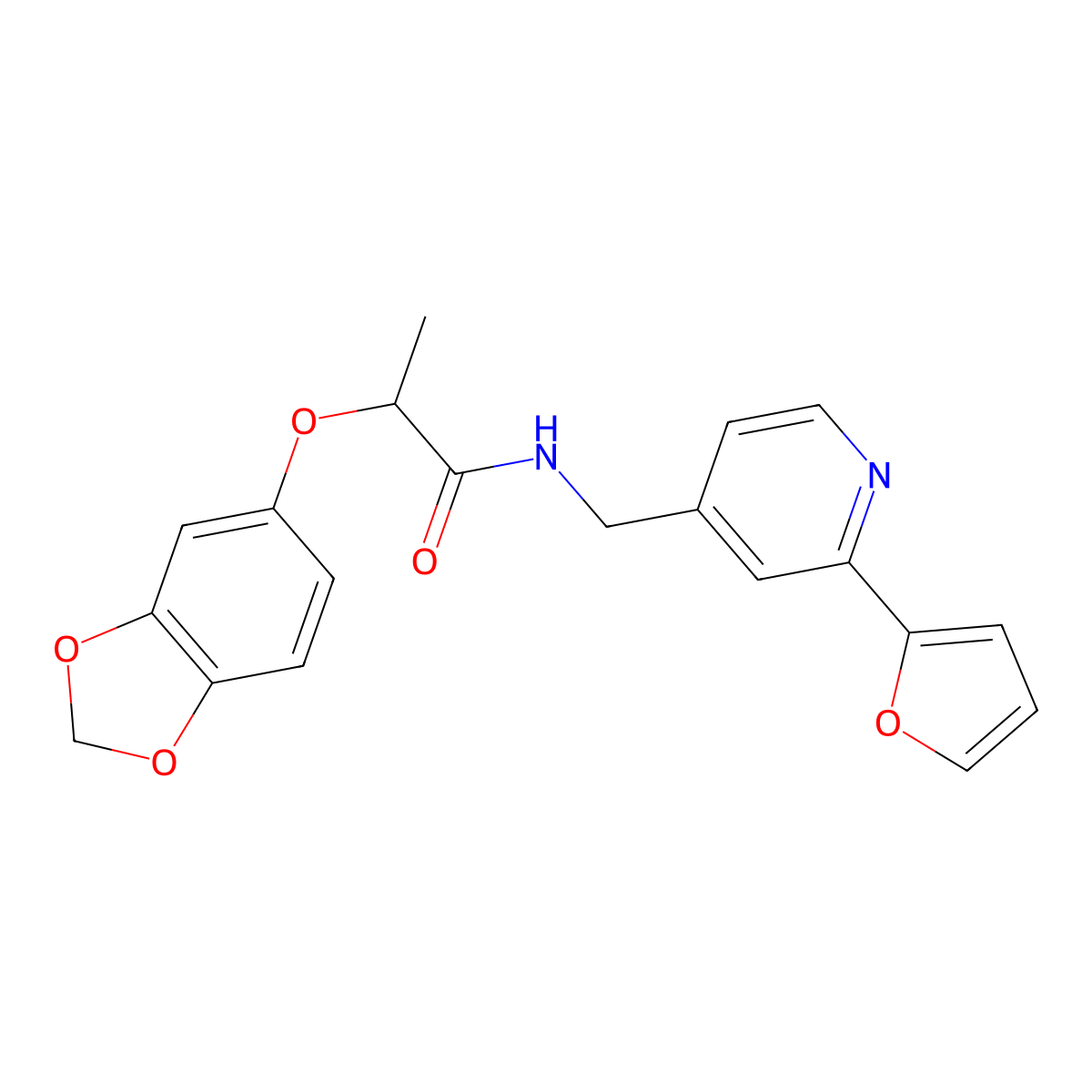 2-(benzo[d][1,3]dioxol-5-yloxy)-N-((2-(furan-2-yl)pyridin-4-yl)methyl)propanamide molecular structure, CAS 2034594-08-4