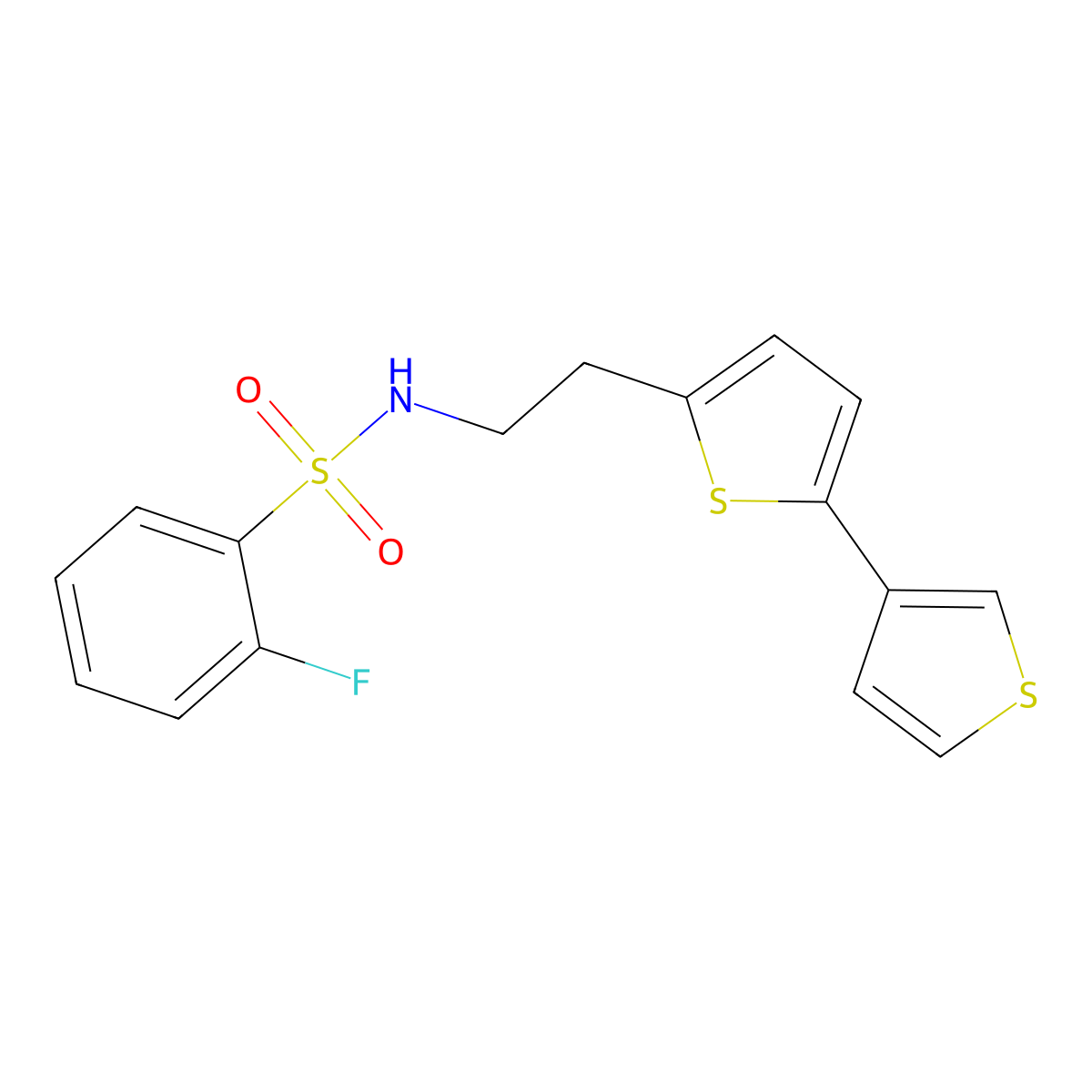 N-(2-([2,3'-bithiophen]-5-yl)ethyl)-2-fluorobenzenesulfonamide molecular structure, CAS 2034594-12-0