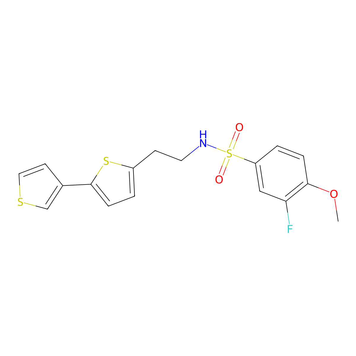 N-(2-{[2,3'-bithiophene]-5-yl}ethyl)-3-fluoro-4-methoxybenzene-1-sulfonamide molecular structure, CAS 2034594-20-0